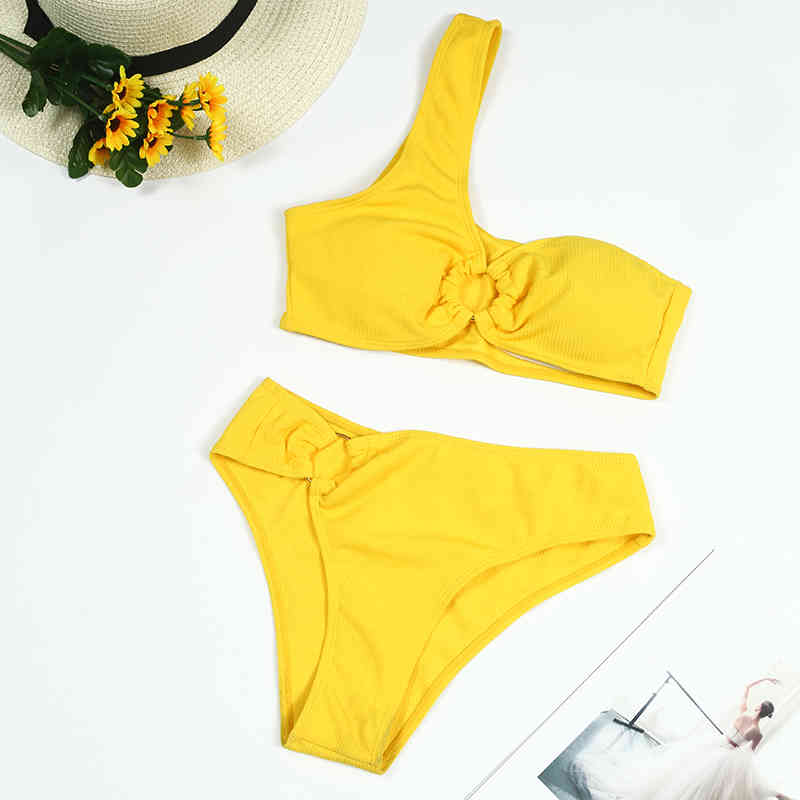 Sexy Yellow Bikini High Cut Swimsuit Women Push Up Swimwear Summer Beach Wear Solid One Shoulder Bathing Suit Rings 210520