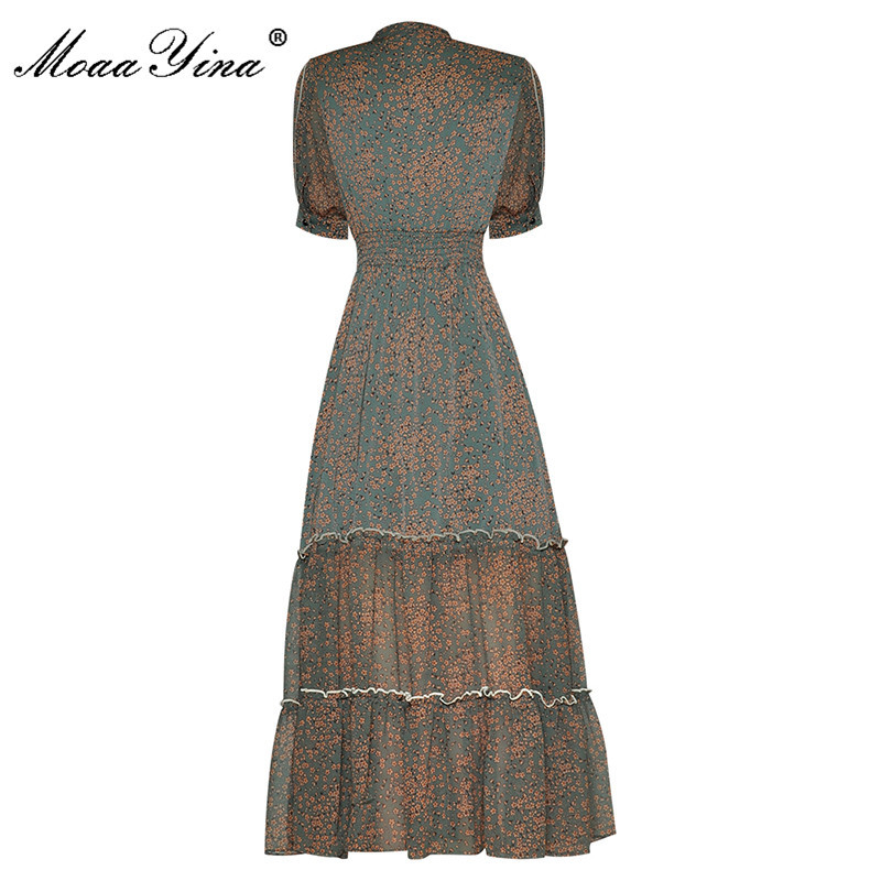 Summer Fashion Runway Vacation Dress Elastic waist Women's Elegant Puff sleeve Floral print Vintage Chiffon 210524