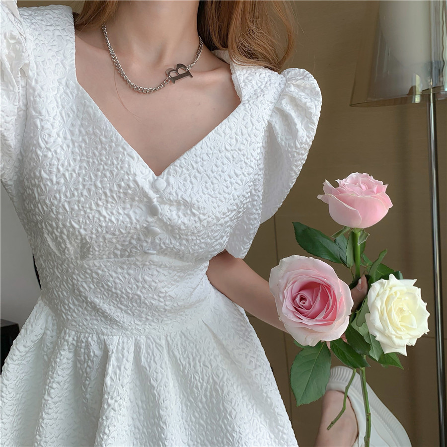 Summer Sweet White Vintage Dress Korea Women Elegant Puff Sleeve Slim Waist Party Mini Dress Female 210518