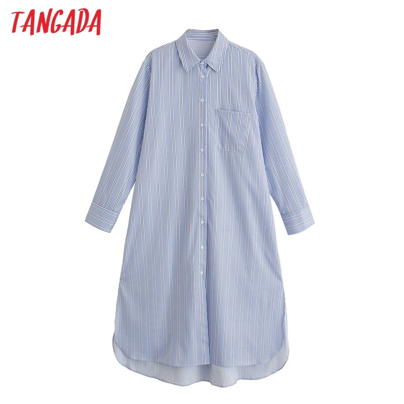 Fashion Women Blue Striped Print Shirt Long Sleeve Ladies Oversized Midi Dress 5Z97 210416