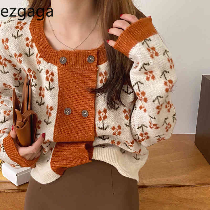 Ezgaga Women Knitted Cardigan Sweet O-Neck Chic Double Breasted Contrast Flower Jacquard Sweater Korean Ladies Warm Fashion 210430