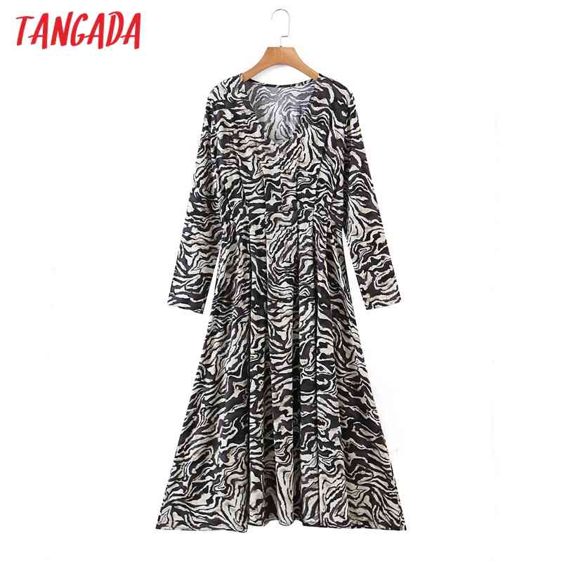 Women Animal Pleated V Neck Sleeve Ladies Vintage Long Dress Vestidos QW82 210416