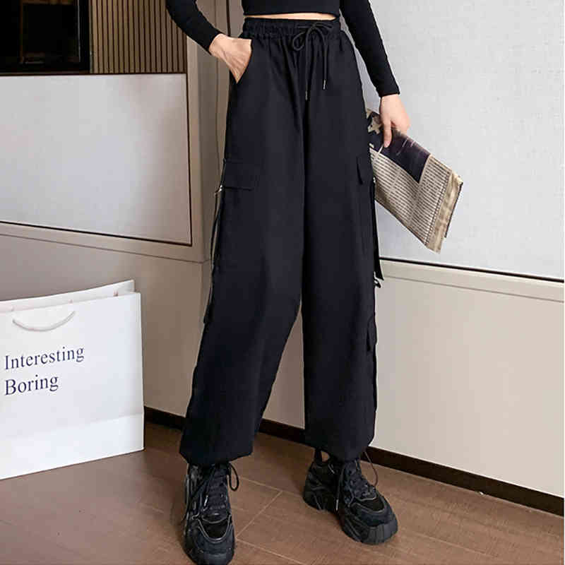 Big Pockets Cargo Women Waist Loose Streetwear Drawstring Trouser High Quality Pants B11206P 210416
