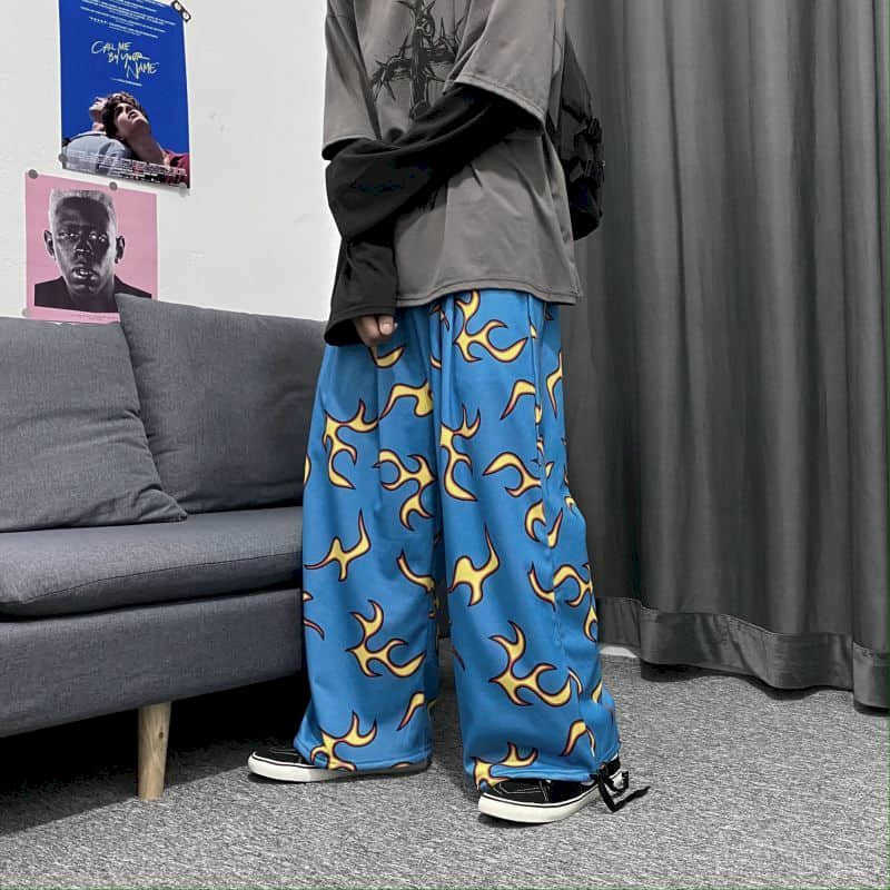 Pants Couple Harajuku Blue Flame Leggings Straight Loose High Waist Draping Wide Leg Sports Autumn/Winter 210526