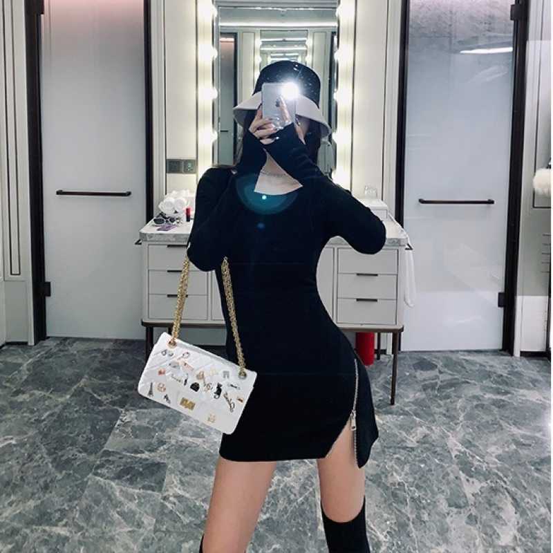 Solid Color Sexy Temperament Long Sleeve Mini Dress Side Zipper Dresses Slim High Waist Orange Korean Women G8PD 210603