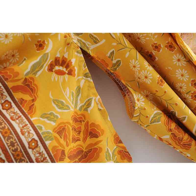 Bohemia V neck Gold Flower Print Maxi Long Kimono Cardigan Ethnic Women Lacing up Bow Sashes Shirt BOHO Loose Blouse Tops 210429