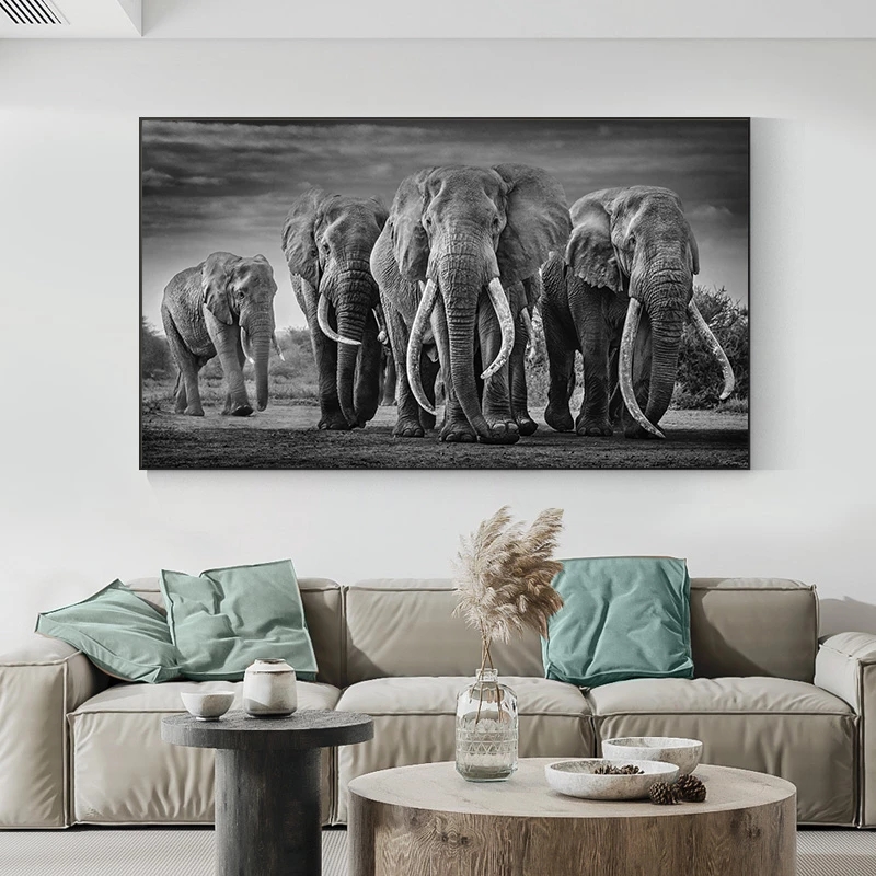 African Elephants Wild Animals Canvas Painting Scandinavia Posters and Prints Cuadros Black White Wall Art Pictures For Living Room