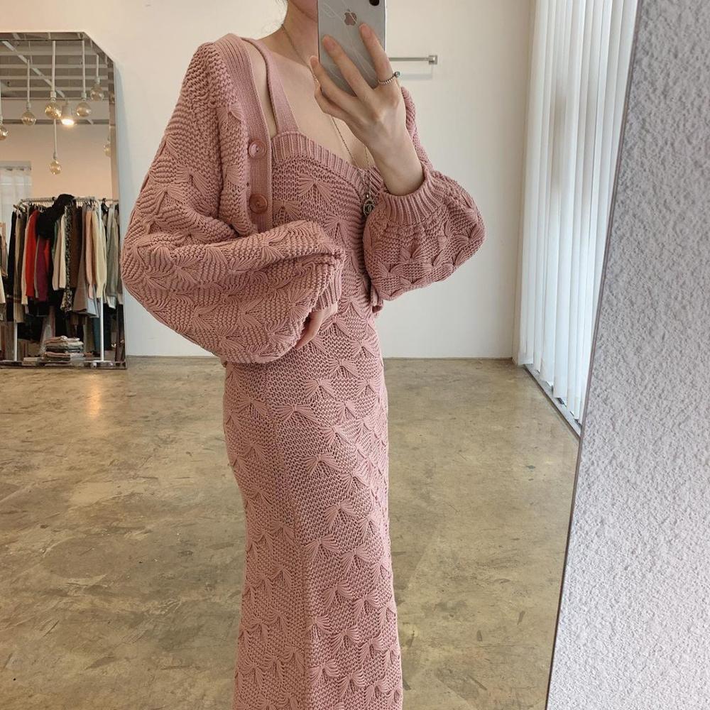 Korean Jacquard Knitted 2 Piece Set Women Chic Single-Breasted Lantern Sleeve Short Sweater Coat + Spaghetti Strap Slim Dress 210518