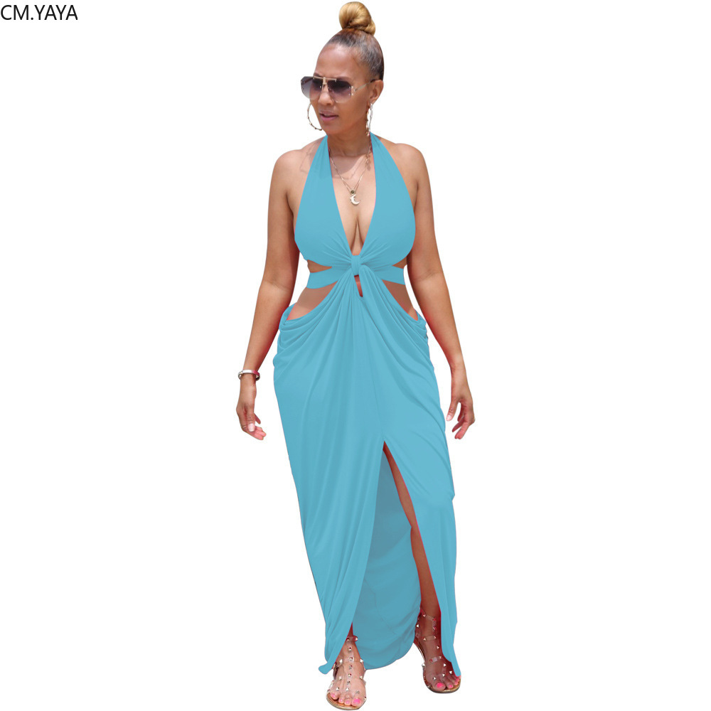 CM.YAYA Women Halter V-neck Open Back Split Irregular Maxi Dress Sexy Party Club Floor Length Beach Long Dresses Vestidos 210409