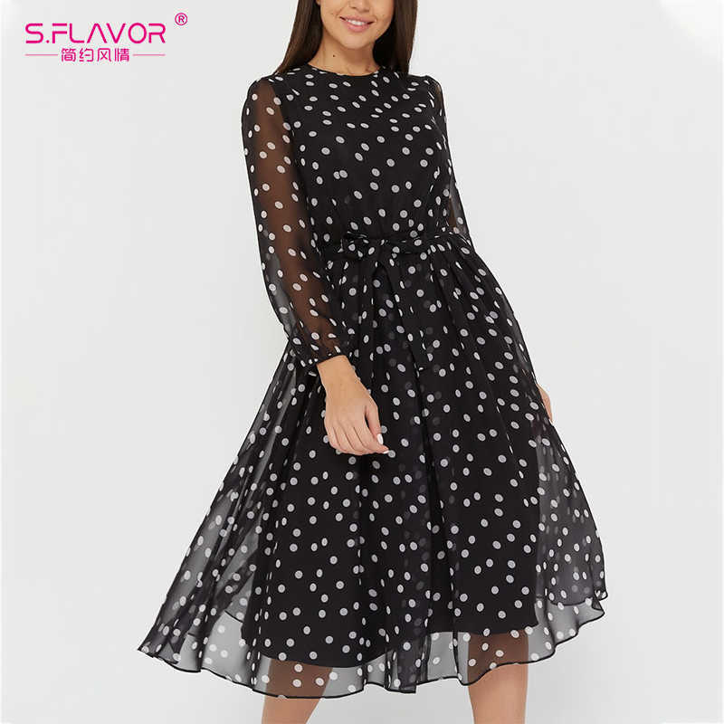 S.FLAVOR Vintage Dot Printing Women Spring Chiffon Dress Autumn Fashion Casual Dress Boho Beach Women A-line Vestidos 210630