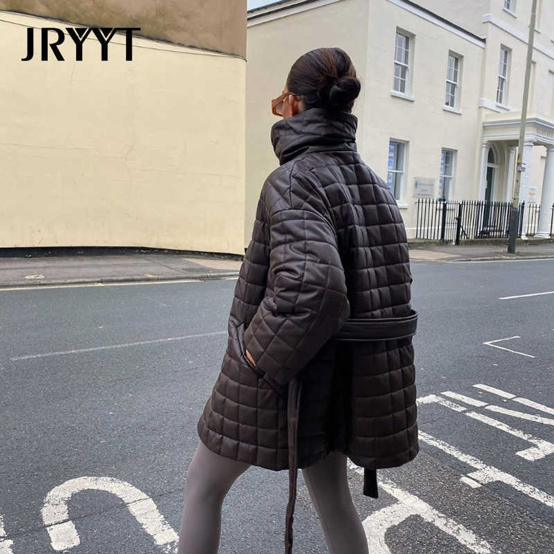 JRYYT PU Leather Oversized Belted Coats Women Winter Button Cotton Padded Parkas Mujer Office Lady Pocket Jackets Femme 210819