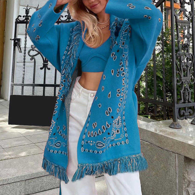 Autumn Winter V Neck Loose Print Knitted Cardigan Women Green Y2k Fashion Oversized With Sashes Long Sleeve Casual Sweater 211007
