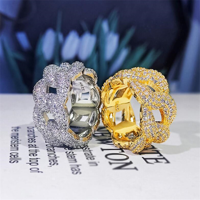 2021 Hip Hop Sparkling Luxury Jewelry Wedding Rings 925 Sterling Silver 18K Gold Fill Pave White Sapphire CZ Diamond Party Cuba Chain Women Engagement