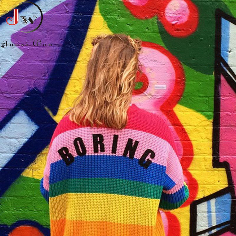 Rainbow Stripe V-Neck Cardigan Women Long Sleeve Knitted Sweater Casual Autumn Coat Invierno Loose Cardigans Mujer 210510