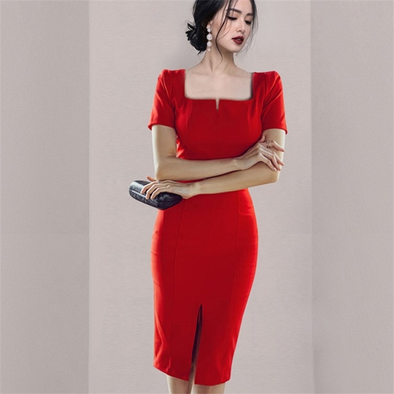 Summer Temperament Elegant Ladies Square Collar Short Sleeve Sheath Dress Bodycon Fashion Office OL Red Pencil 210519
