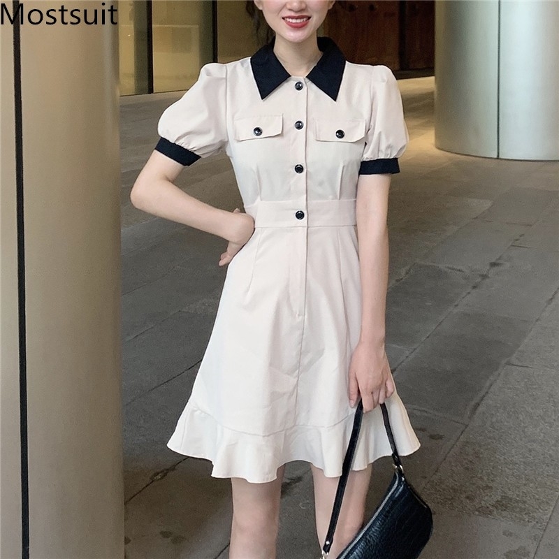 Summer Vintage Korean Mermadi Mini Dress Women Short Sleeve Turn-down Collar Single-breasted Fashion A-line Dresses Vestido 210518, Khaki
Summer Vintage Korean Mermadi Mini Dress Women Short Sleeve Turn-down Collar Single-breasted Fashion A-line Dresses Vestido 210518, Khaki