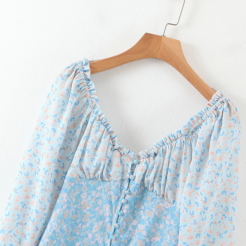 beauty Woman Summer Dress Fresh Romantic Floral Stitching Single-breasted Chiffon Long-sleeved Dresses 210514