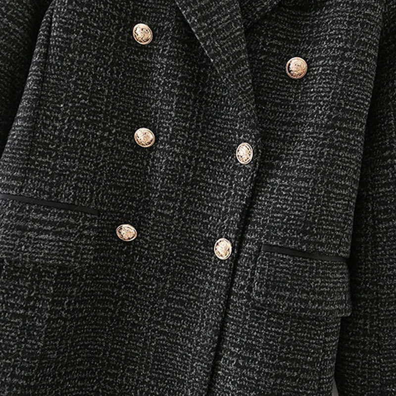 Winter Clothes Loose Temperament Retro Double-Breasted Lapel Plaid Twill Mid-Length Suit Jacket 210521