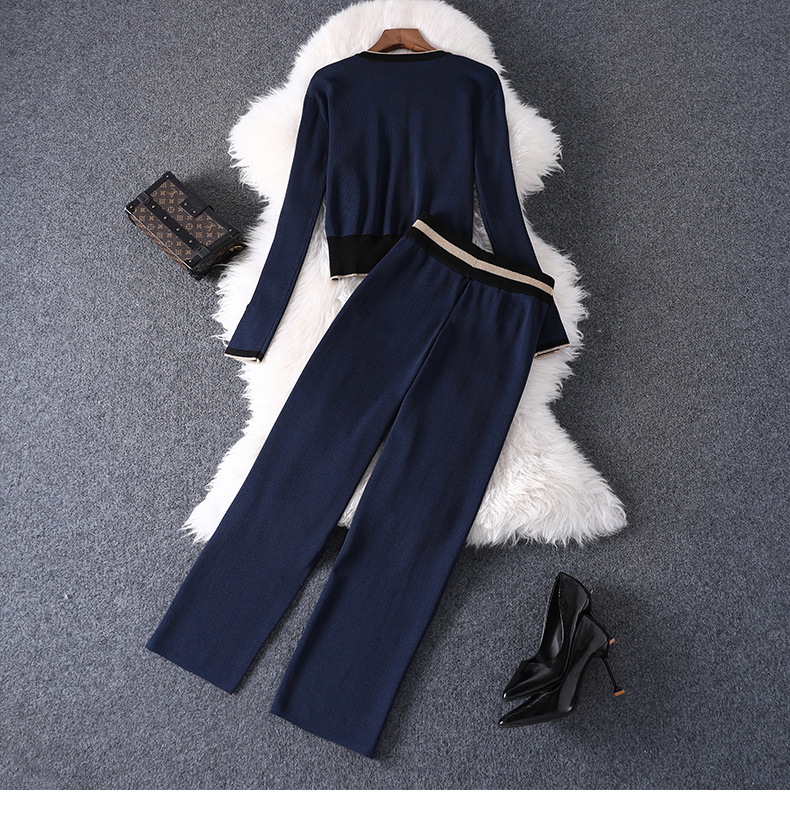 1110 2022 Spring Brand Same Style Two Pieces Sets Crew Neck Empire Blue Long Sleeve High Quality Long Pants M