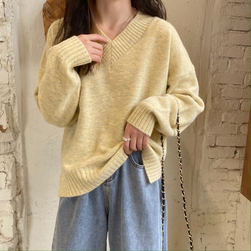 Comelsexy Simplicity Sweater Women V-Neck Pullovers Female Autumn Winter Korean Fashion Daily Lazy Wind Long Sleeve Tops 210515