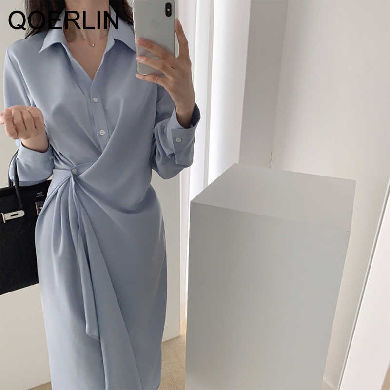 Solid Black Blue Long Shirt Dress Women Fashion High Waist Temperament Gentle Vestidos Plus Size 210601