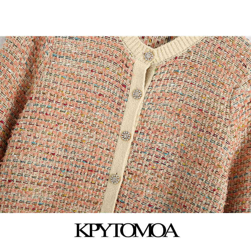 Women Fashion Bejewelled Button Cropped Knitted Cardigan Sweater Long Sleeve Female Outerwear Chic Tops 210420