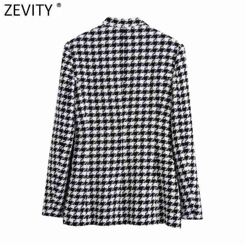 Zevity Women Vintage Houndstooth Plaid Print Open Stitching Tweed Woolen Coat Female Chic Outwear Slim Jackets Tops CT781 211104