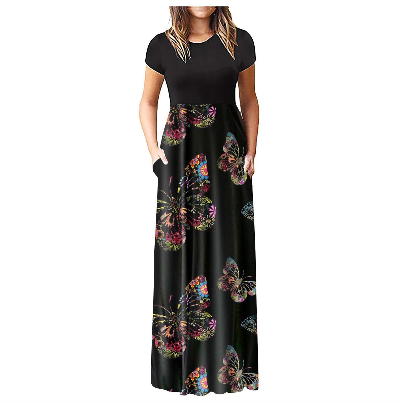 fashion simple short sleeve women dress round neck floral print ankle length casual, Black;gray
fashion simple short sleeve women dress round neck floral print ankle length casual, Black;gray
