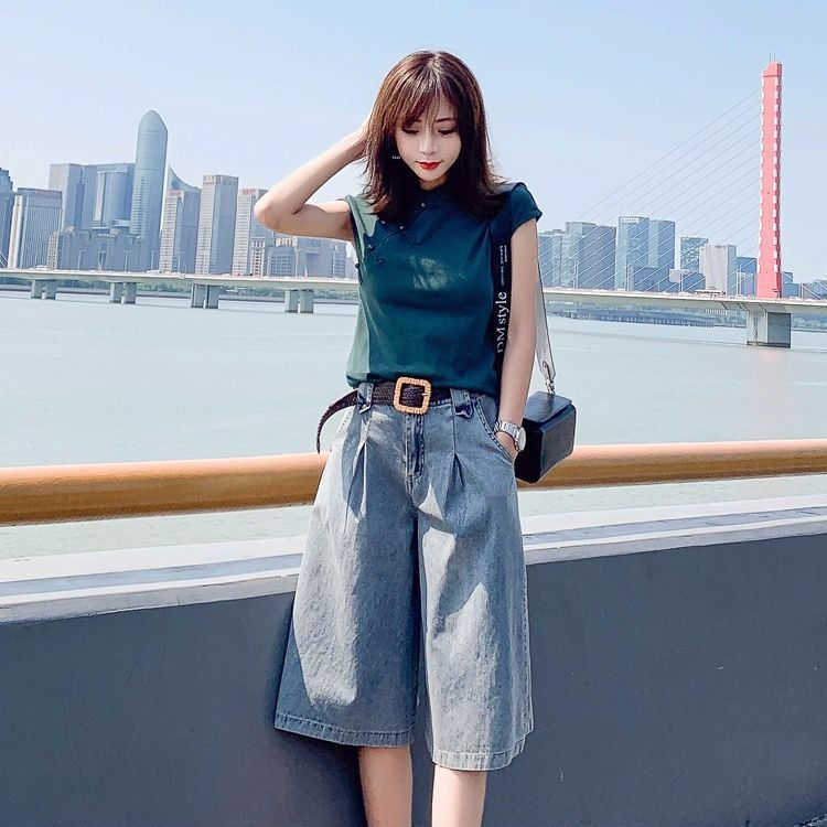 High Waist Wide Leg Denim Shorts For Women Half Long Summer Knee Length Jean Streetwear Pockets Casual Bermuda Shorts For Women 210625