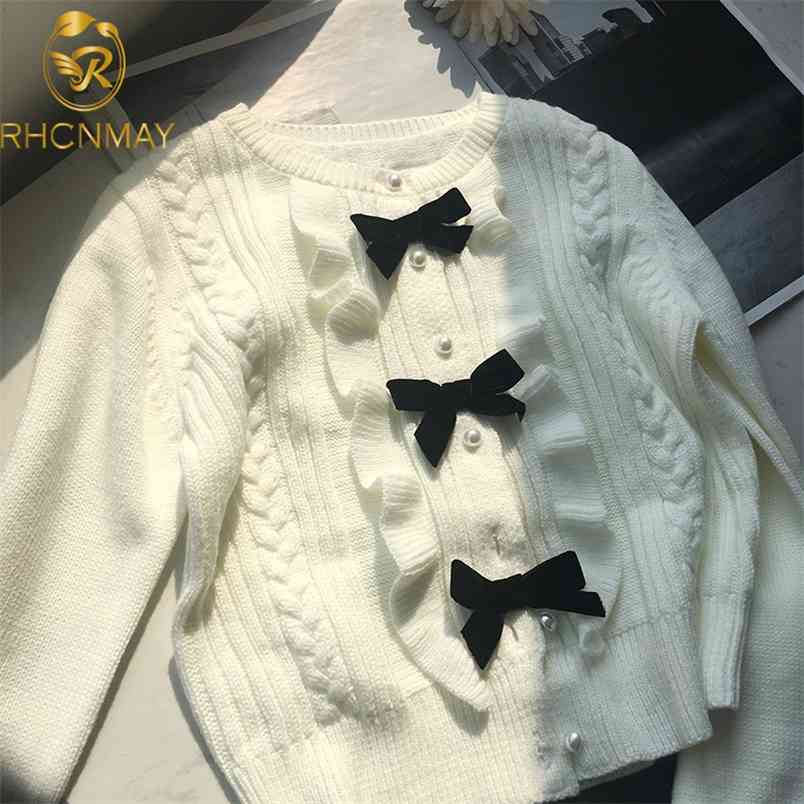 Women Autumn Winter Fashion Bowknot Weave Pearl Buttons Cardigan Sweater Long Sleeve Knitted Outerwear Coat 210506