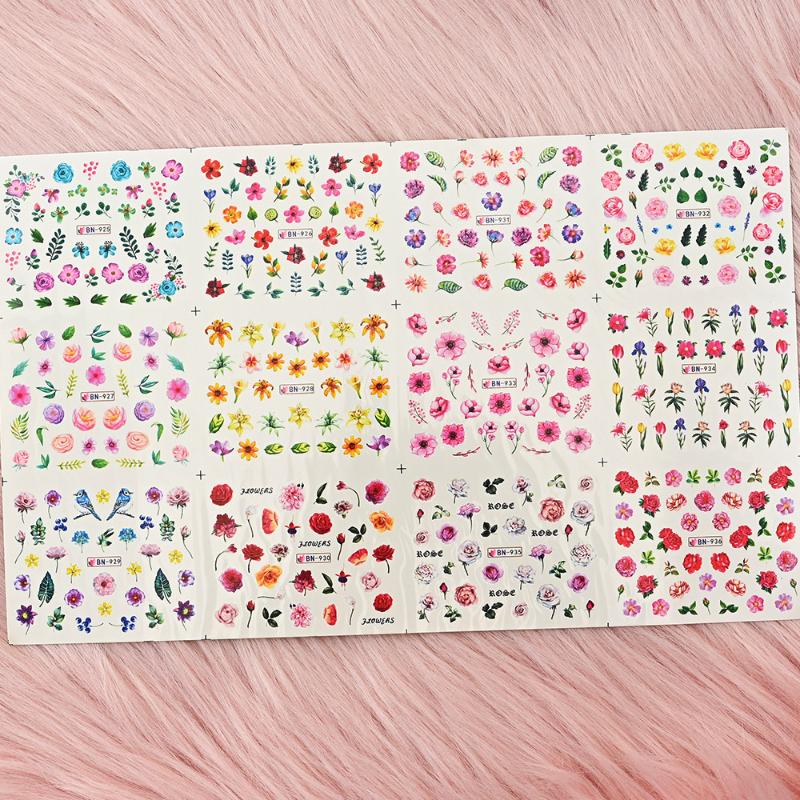 Stickers & Decals 12pcs/Sheet Water Nail Art Sticker Nails Cartoon/Flowers Mixed Design For Decorations Colorful Slide