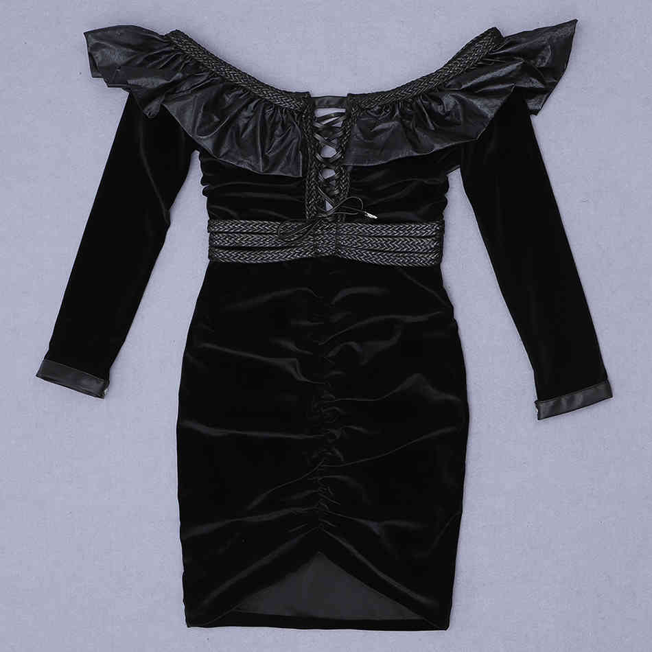 Free Autumn Women's Velvet Dress Sexy Strapless Long Sleeve Ruffled V-neck Bodycon Mini Club Party 210524
