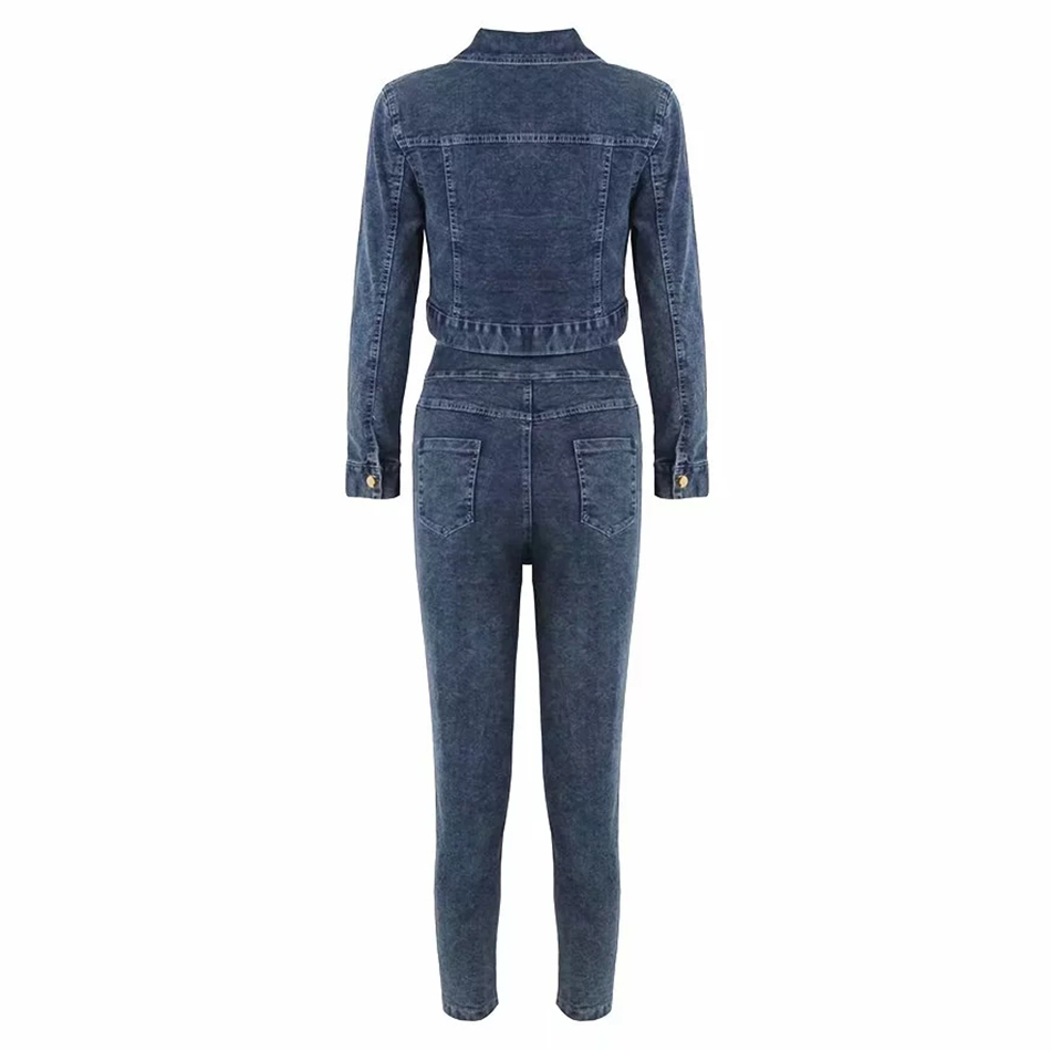 High Waist Button Denim Overalls 2 Piece Jumpsuit Female Long Sleeve V-Neck Sexy Celebrity Club 210525