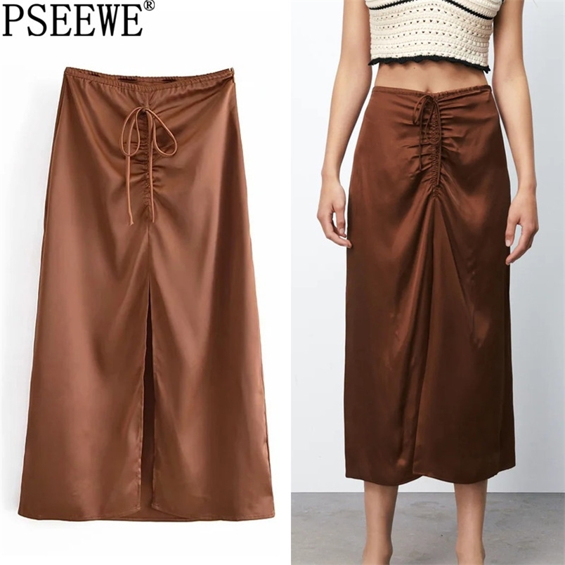Satin Long Skirt Women Brown High Waist Midi Fashion Bow Elegant Summer Woman s Ruched A Line Split s 210519
Satin Long Skirt Women Brown High Waist Midi Fashion Bow Elegant Summer Woman s Ruched A Line Split s 210519