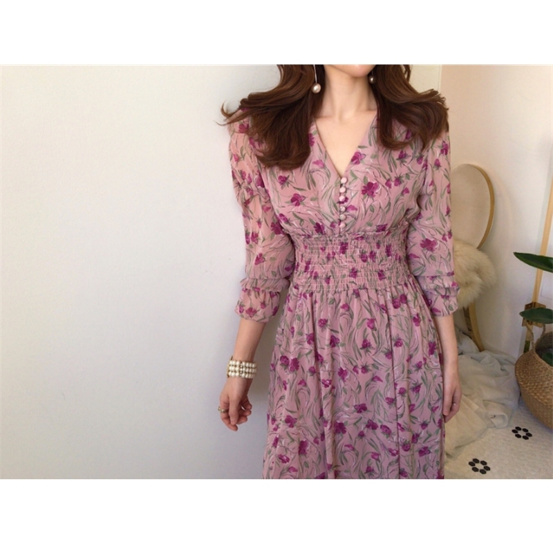Elegant V-Neck Floral Printed Women Dress Long Sleeve Female Chiffon Vintage Midi es Vestidos 210520