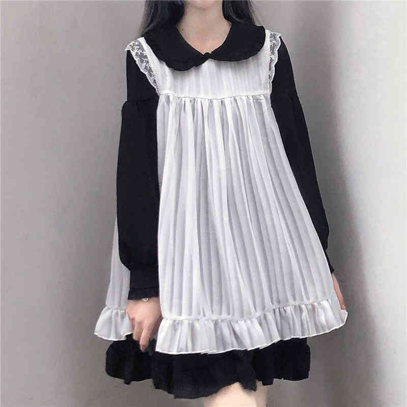 Japanese Sweet Pink Lolita Op Dress Gothic Soft Girl Cute Vintage Ruffle Maid Cosplay Black Women Kawaii Two-Piece es 210517