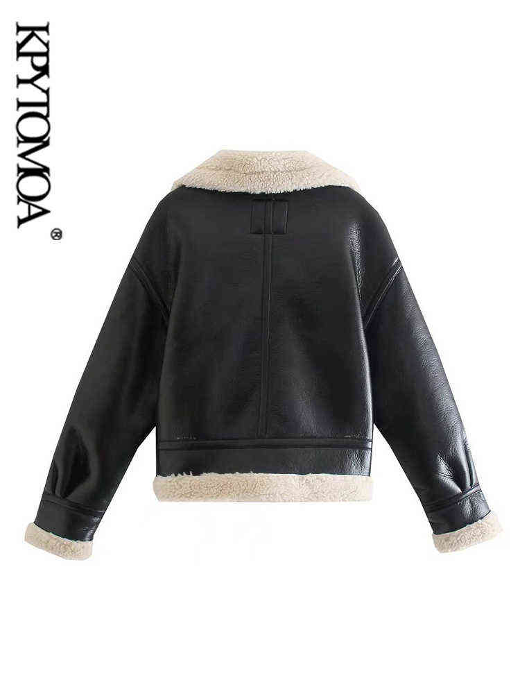KPYTOMOA Women Fashion Thick Warm Faux Leather Shearling Jacket Coat Vintage Long Sleeve Flap Pockets Female Outerwear Chic Tops 211130