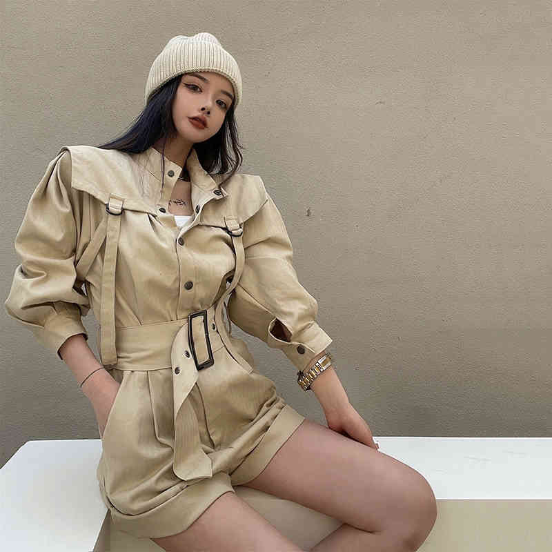 Nomikuma Safari Style Women Rompers Summer Thin Belt Slim Waist Playsuits Fashion Ribbon Wide Leg Shorts Bodysuits 6H159 210427