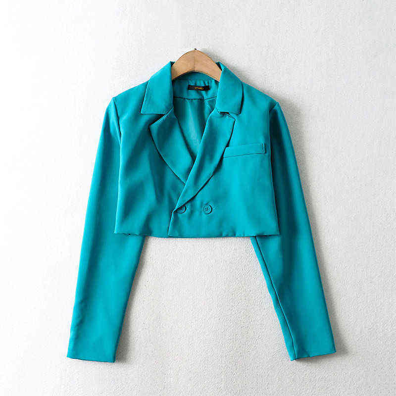 Women jacket double breasted blazer casual cropped women solid long sleeve coat with pocket black loose 211122