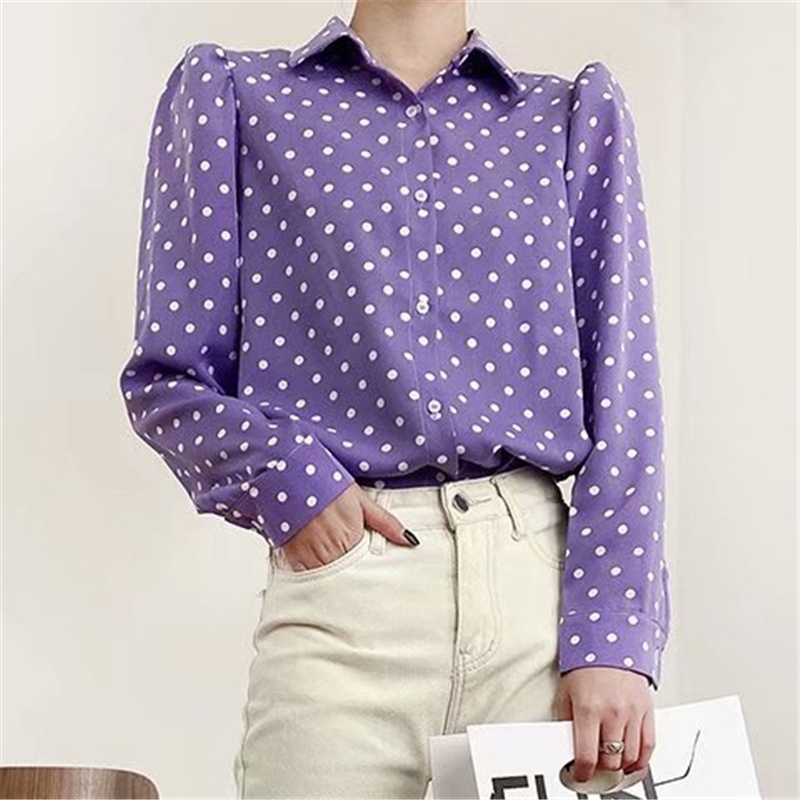 Women's Purple Polka Dot Puff Sleeve Blouse - Elegant Chic Turn Down Collar Top