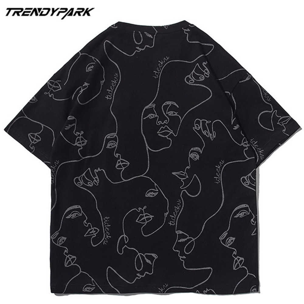 Men's T-shirt Reflection Lines Abstract Faces Summer Short Sleeve Hip Hop Oversize Cotton Casual Harajuku Streetwear Top Tshirts 210601