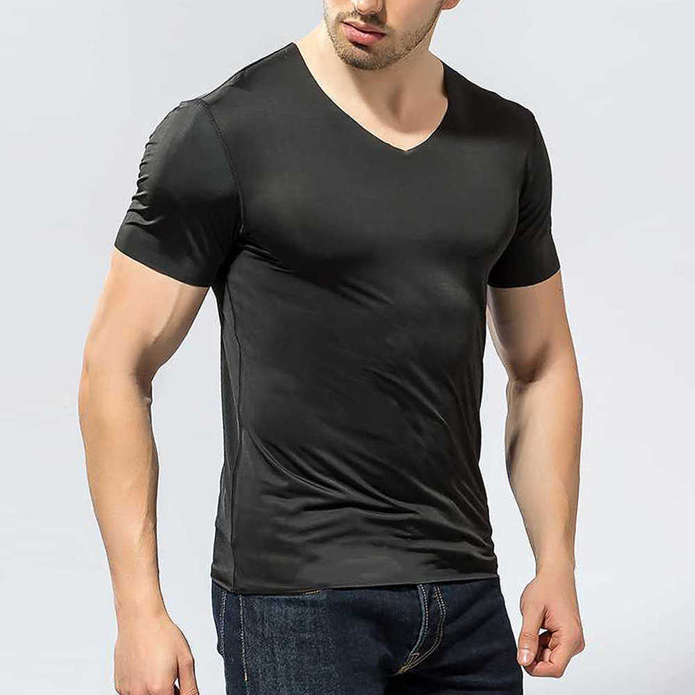 2pcs/lot Men Summer Tops & Tees Ice Silk Quick Dry Slim T-shirt Seamless Breathable Top Fashion V Neck Solid Color 210707