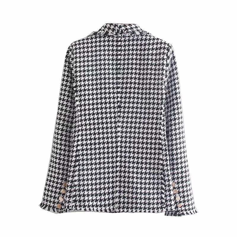 Fashion Houndstooth Blazer Women Elegant Tweed Coat Casual Double Breasted Suit Jacket Long Sleeve Blazer Female Chaqueta Mujer 210414
