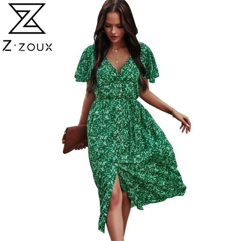 Women Dress Printed Bohemia Sexy Long Print Floral Maxi es V Neck Short Sleeve High Waist es 210513
