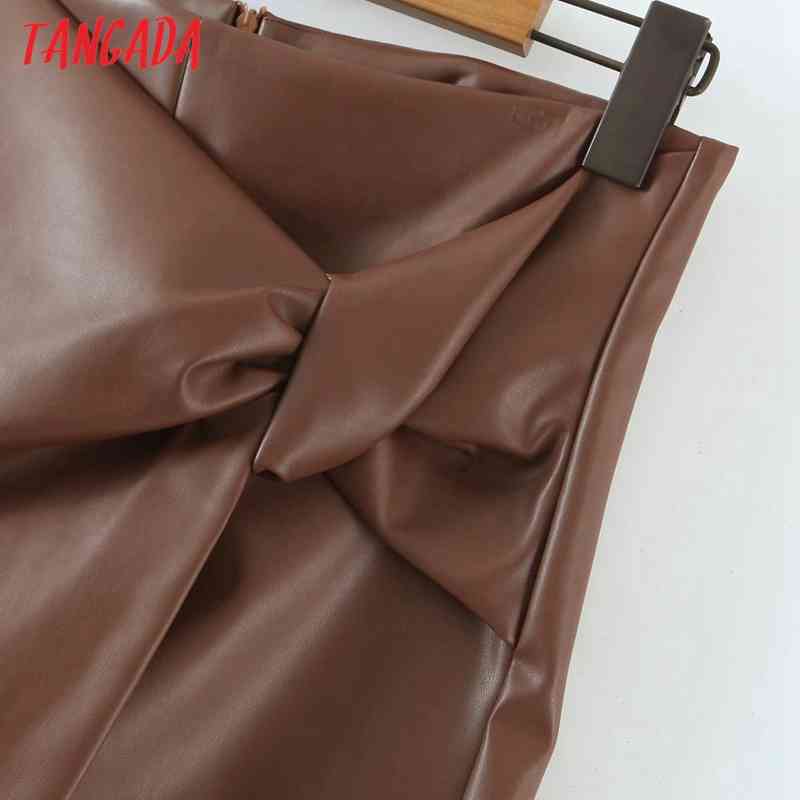 Women Faux Leather Brown Skirts Bow Zipper French Style Female Mini Skirt QD04 210416