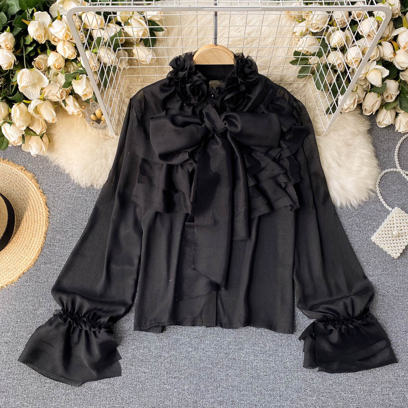 Nomikuma Blouse Women 3D Flowers O-neck Blouse Shirt Causal Puff Sleeve Ruffle Patchwork Tops Spring New Blusas Mujer 6F571 210427