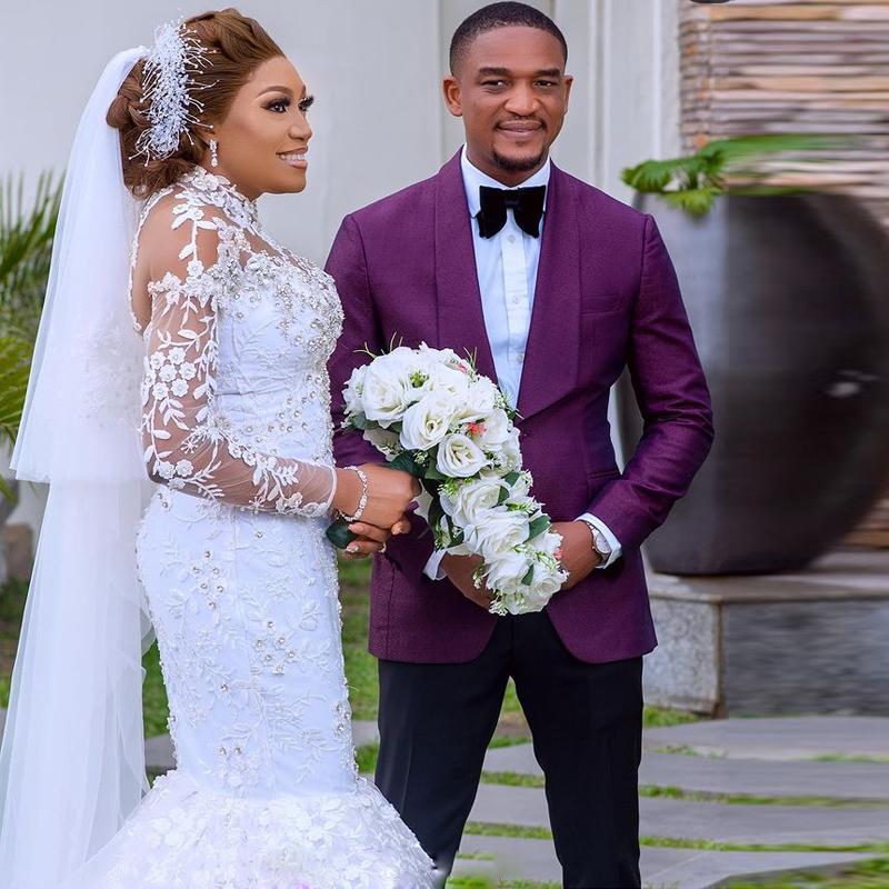 High Neck African Nigerian Mermaid Wedding Dresses 2022 Plus Size Lace Embroidery Beaded Long Sleeve Bridal Dress Robe Mariage