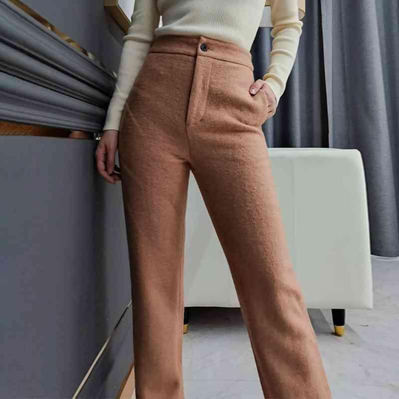 Straight Tweed Thick Pants For Women High Waist Solid Minimalist Casual Trouser Female Autumn Clothing Fashion 210521