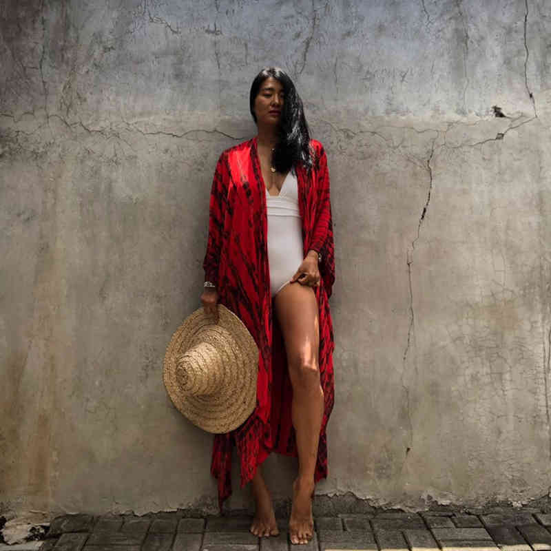 Red Striped Bikini Cover-ups Plus Size Long Kimono Sexy Belted Summer Wrap Dress Women Beach Wear Swim Suit Cover Up A859 210420