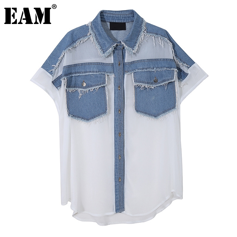 [EAM] Women Denim Burr Big Size Perspective Blouse Lapel Short Sleeve Loose Fit Shirt Fashion Spring Summer 1DD6099 210512
